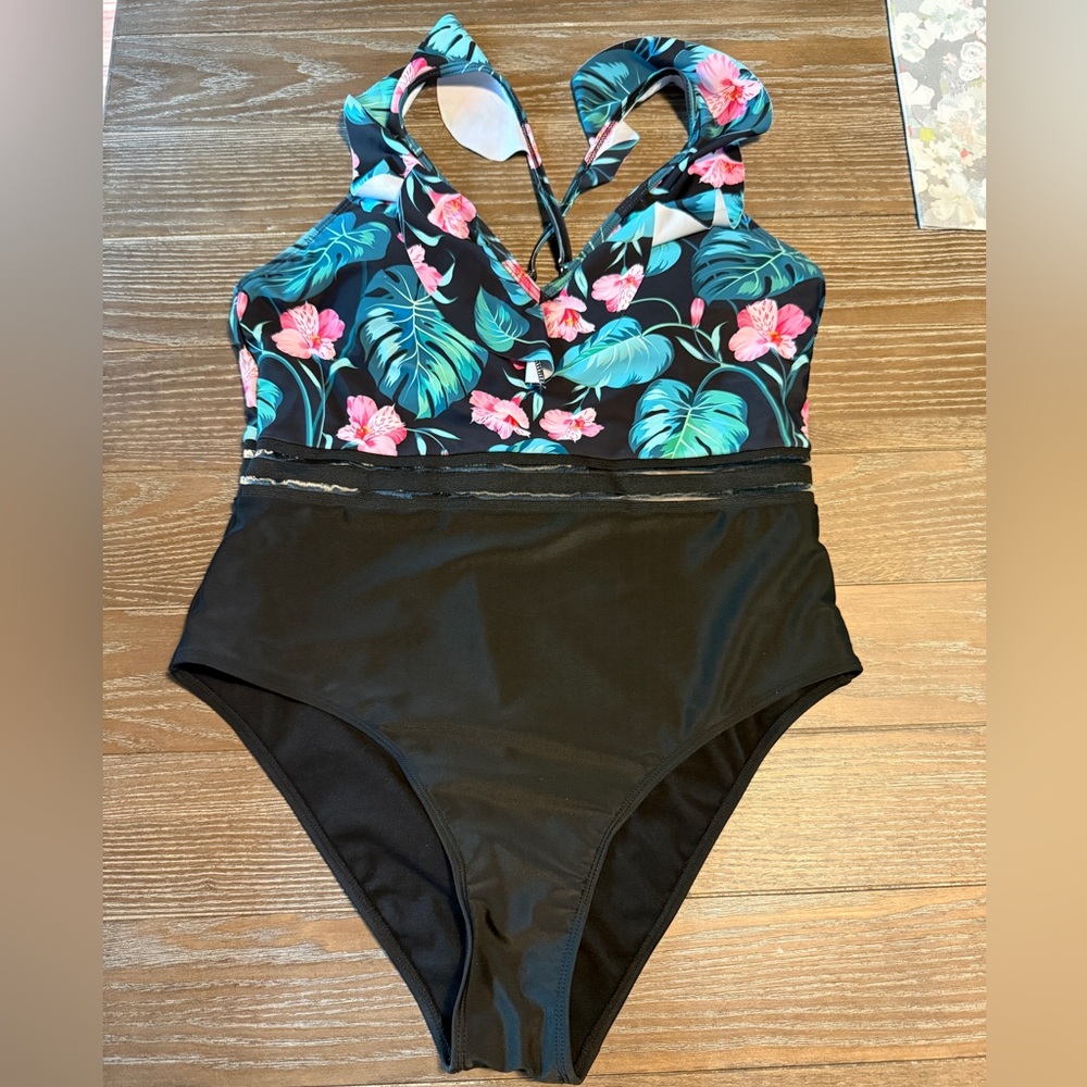 Floral Black one piece Swimwear NEW